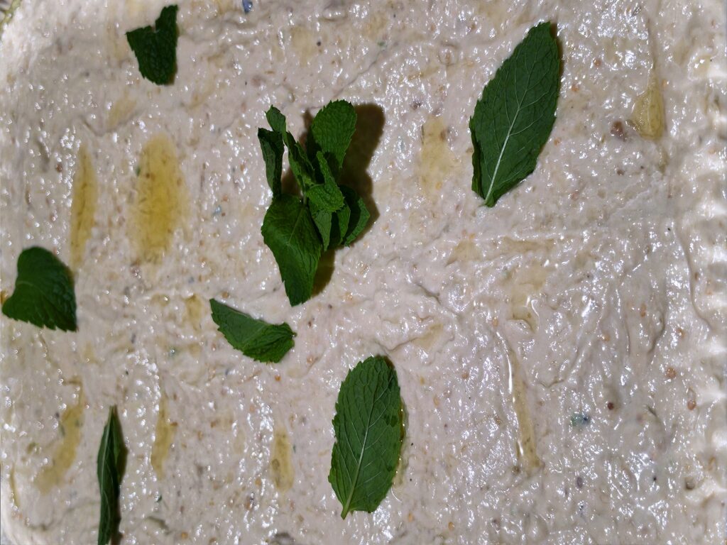 Baba ghanoush tray with mint and olive oil - Marhaba Grill catering, Minneapolis