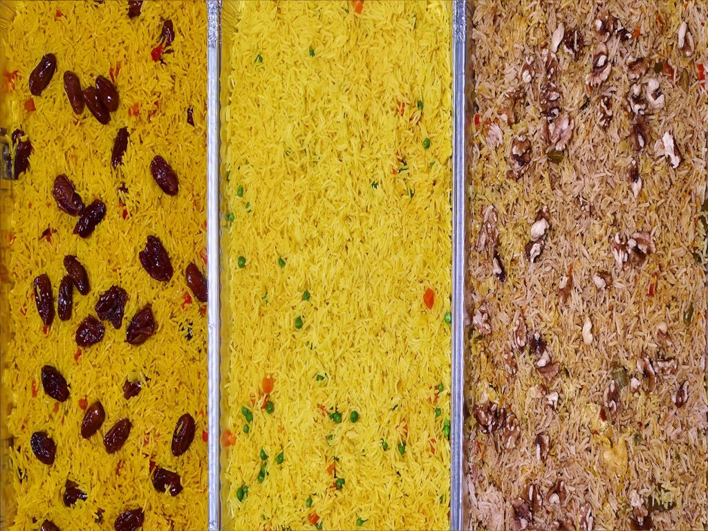 Rice platter trio - yellow rice, rice with dates and rice with nuts - Marhaba Grill catering, Minneapolis