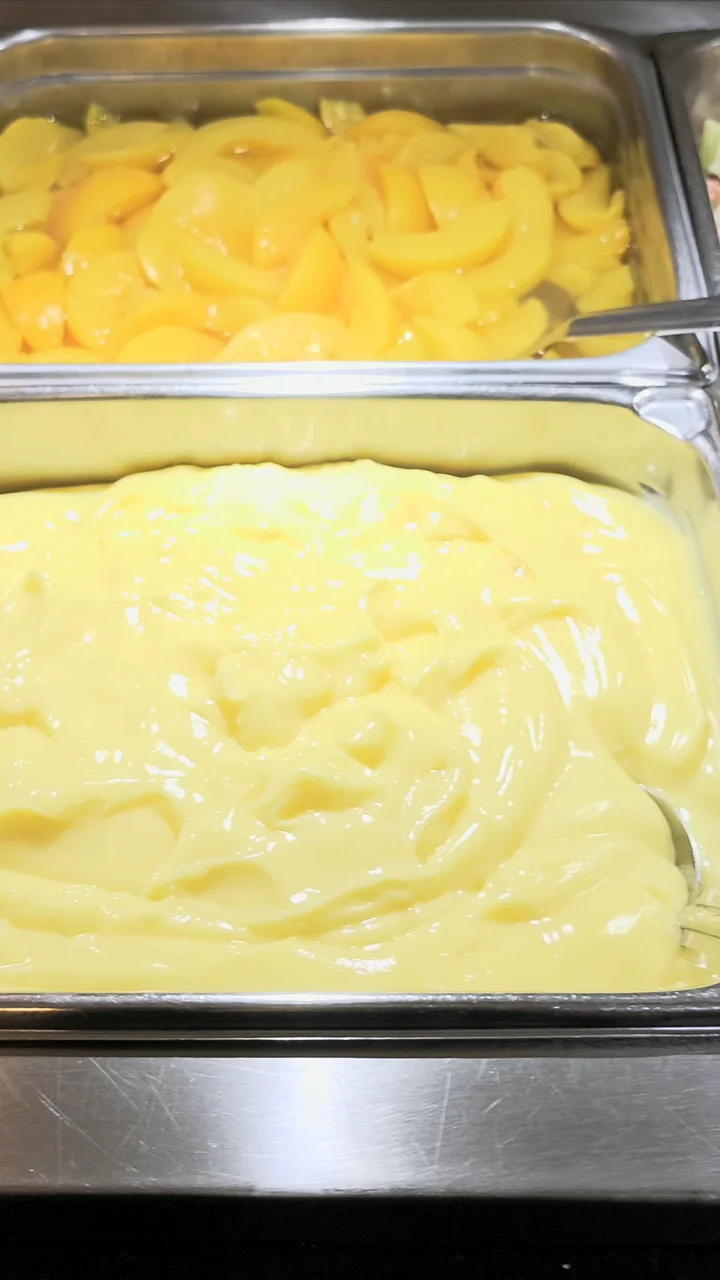 Peaches and custard from the dessert selection
